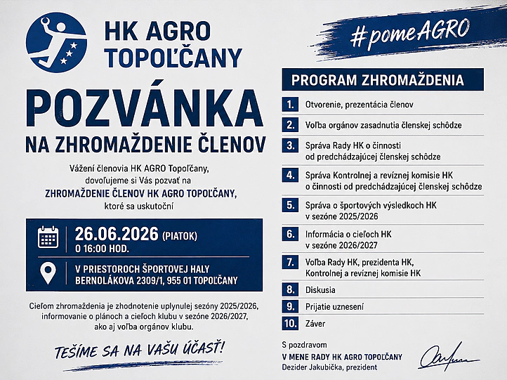 Pozvánka na zhromaždenie členov HK AGRO Topoľčany