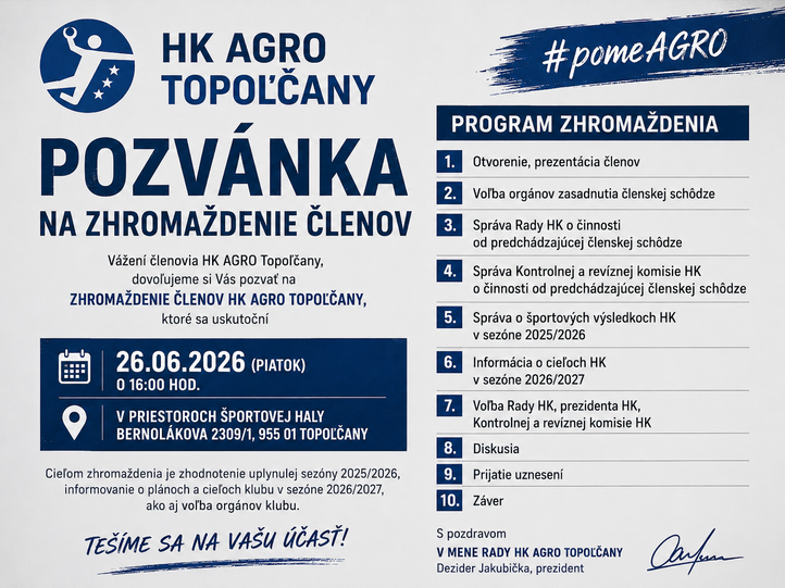 Pozvánka na zhromaždenie členov HK AGRO Topoľčany